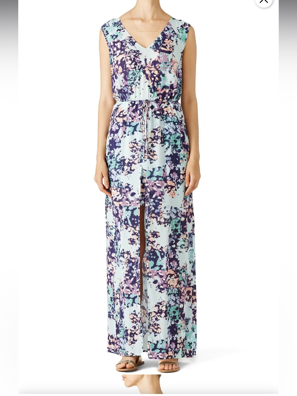 BCBGMAXAZRIA Sleeveless V-Neck Floral Maxi Dress in Light Blue and Navy